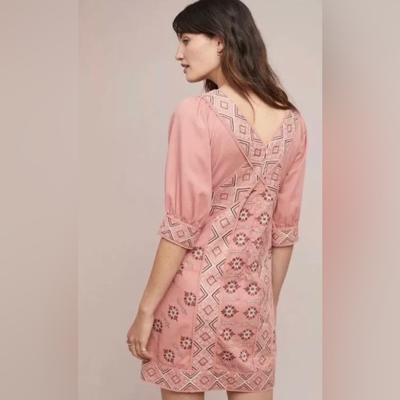 Anthropologie Love Sam Embroidered Monterey Dress - Natural Pink Rose - Picture 3 of 12